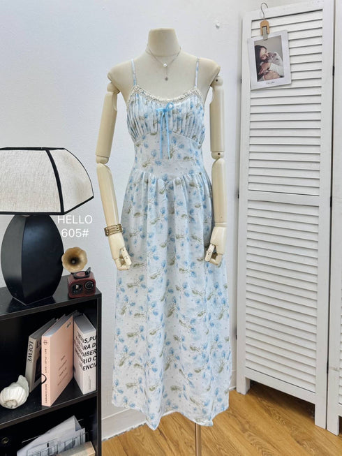Ladies Spaghetti Straps Floral Print Long Dress